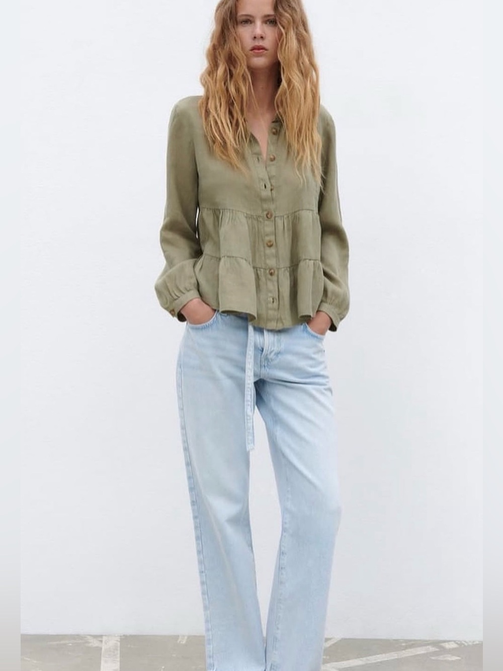 Zara Olive-Tone Buttoned Peplum Top Linen khaki colour